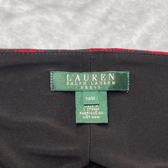 Lauren Ralph Lauren Dress 14W Red Black Print Jersey Ruched Gathered Slimming - Picture 4 of 14